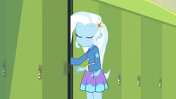 Size: 3410x1920 | Tagged: safe, imported from derpibooru, screencap, trixie, equestria girls, equestria girls series, forgotten friendship, clothes, cutie mark, cutie mark on clothes, eyes closed, female, hairpin, high res, hoodie, lockers, solo