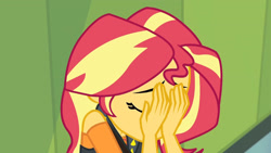 Size: 3410x1920 | Tagged: safe, imported from derpibooru, screencap, sunset shimmer, equestria girls, equestria girls series, forgotten friendship, clothes, eyes closed, female, geode of empathy, high res, jacket, jewelry, leather, leather jacket, lockers, magical geodes, necklace, solo