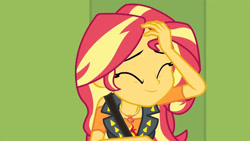 Size: 3410x1920 | Tagged: safe, imported from derpibooru, screencap, sunset shimmer, equestria girls, equestria girls series, forgotten friendship, clothes, cutie mark, cutie mark on clothes, eyes closed, female, geode of empathy, high res, jacket, jewelry, leather, leather jacket, lockers, magical geodes, necklace, smiling, solo