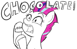 Size: 737x473 | Tagged: safe, artist:eagc7, imported from derpibooru, zipp storm, pegasus, pony, bloodshot eyes, chocolate, chocolate with nuts, female, food, g5, my little pony: a new generation, open mouth, parody, simple background, sketch, solo, spongebob squarepants, that pony sure does love chocolate, white background