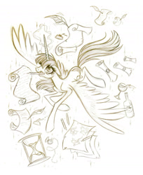 Size: 1650x2025 | Tagged: safe, artist:lauren faust, imported from derpibooru, oc, oc only, oc:fausticorn, alicorn, pony, 2011, alcohol, bottle, feather, female, glass, hourglass, lauren faust, mare, monochrome, mouth hold, pencil, quill, scroll, simple background, sketch, solo, spread wings, wine, wings