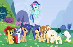 Size: 1024x668 | Tagged: safe, artist:velveagicsentryyt, imported from derpibooru, oc, oc:apple pie, oc:destiny, oc:galaxy swirls, oc:party pie, oc:rainbow blitzes, oc:sky city, oc:velvet sentry, earth pony, hybrid, pegasus, pony, unicorn, base used, deviantart watermark, female, interspecies offspring, mare, obtrusive watermark, offspring, parent:applejack, parent:caramel, parent:cheese sandwich, parent:discord, parent:fancypants, parent:flash sentry, parent:fluttershy, parent:pinkie pie, parent:rainbow dash, parent:rarity, parent:soarin', parent:twilight sparkle, parents:carajack, parents:cheesepie, parents:discoshy, parents:flashlight, parents:raripants, parents:soarindash, watermark