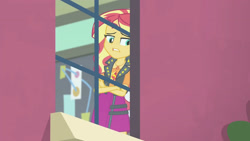 Size: 3410x1920 | Tagged: safe, imported from derpibooru, screencap, sunset shimmer, equestria girls, equestria girls series, forgotten friendship, clothes, crossed arms, female, geode of empathy, high res, jacket, jewelry, leather, leather jacket, magical geodes, necklace, solo, window