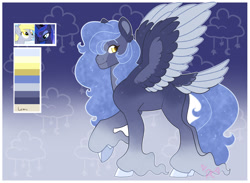 Size: 1920x1408 | Tagged: safe, artist:pinkcattle, imported from derpibooru, derpy hooves, princess luna, oc, oc only, pegasus, pony, color palette, ethereal mane, female, lesbian, long feather, lunaderp, magical lesbian spawn, offspring, parent:derpy hooves, parent:princess luna, parents:lunaderp, pegasus oc, shipping, solo, spread wings, starry mane, tail, tail feathers, unshorn fetlocks, wings