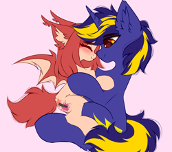 Size: 3762x3333 | Tagged: safe, artist:airiniblock, imported from derpibooru, oc, oc only, oc:airi, oc:vajr, bat pony, pony, unicorn, boop, cute, duo, female, high res, hug, love, male, noseboop, oc x oc, rcf community, shipping, size difference, straight, vairi