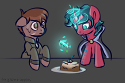 Size: 3000x2000 | Tagged: safe, artist:buy_some_apples, imported from derpibooru, oc, oc only, earth pony, unicorn, cake, duo, duo male, food, high res, magic, male, sketch