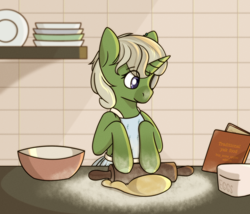 Size: 2800x2400 | Tagged: safe, artist:buy_some_apples, imported from derpibooru, oc, oc only, pony, unicorn, anime style, book, bowl, cooking, dough, high res, horn, rolling pin, unicorn oc