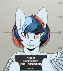 Size: 3400x3800 | Tagged: safe, artist:buy_some_apples, imported from derpibooru, oc, oc only, pegasus, anime style, criminal, grin, high res, nameplate, police station, smiling