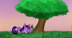 Size: 1280x679 | Tagged: safe, artist:addelum, imported from derpibooru, spike, twilight sparkle, alicorn, dragon, pony, duo, eyes closed, female, grass, male, mare, nap, sleeping, summer, tree, twilight sparkle (alicorn)