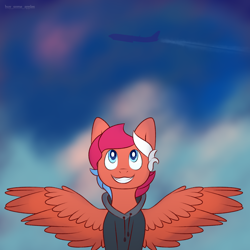 Size: 3000x3000 | Tagged: safe, artist:buy_some_apples, imported from derpibooru, oc, oc only, pegasus, pony, blue eyes, clothes, happy, high res, hoodie, pegasus oc, plane, smiling, spread wings, wings