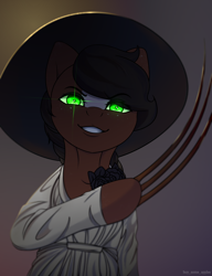 Size: 2300x3000 | Tagged: safe, artist:buy_some_apples, imported from derpibooru, oc, oc only, earth pony, semi-anthro, clothes, dress, glowing, glowing eyes, grin, hat, high res, lady dimitrescu, resident evil, resident evil village, smiling, solo