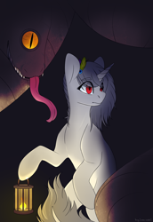 Size: 3100x4500 | Tagged: safe, artist:buy_some_apples, imported from derpibooru, oc, oc only, pony, snake, unicorn, lamp, lantern, monster, scared, solo, tongue out
