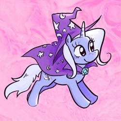 Size: 1137x1137 | Tagged: safe, artist:gamshrew, imported from derpibooru, trixie, pony, unicorn, abstract background, cape, clothes, cute, diatrixes, female, hat, horn, mare, smiling, solo, trixie's cape, trixie's hat