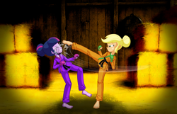 Size: 5433x3488 | Tagged: safe, artist:ponymaan, imported from derpibooru, applejack, twilight sparkle, equestria girls, barefoot, black belt, clothes, duo, duo female, eyes closed, feet, female, fight, fingerless gloves, freckles, gloves, gritted teeth, hay bale, high res, karate, karate gi, kick, martial arts, pants, robe