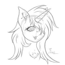 Size: 2000x2000 | Tagged: safe, artist:diamond06mlp, imported from derpibooru, oc, oc only, pony, unicorn, :3, :p, bust, chest fluff, ear piercing, heart eyes, high res, horn, monochrome, piercing, signature, simple background, sketch, solo, tongue out, unicorn oc, white background, wingding eyes