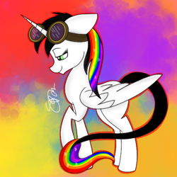 Size: 700x700 | Tagged: safe, artist:skypaw122, imported from derpibooru, oc, oc only, oc:lightning bliss, alicorn, pony, abstract background, female, goggles, mare, raised hoof, signature, solo