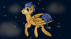 Size: 1440x801 | Tagged: safe, artist:skypaw122, imported from derpibooru, flash sentry, pegasus, pony, flying, male, signature, smiling, solo, stallion, wings