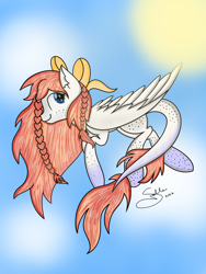 Size: 1224x1632 | Tagged: safe, artist:skypaw122, imported from derpibooru, oc, oc only, pegasus, pony, bow, braid, female, hair bow, leonine tail, mare, pegasus oc, signature, solo, tail, wings