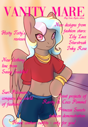 Size: 3000x4300 | Tagged: safe, artist:buy_some_apples, imported from derpibooru, valley glamour, oc, oc only, anthro, pegasus, bracelet, clothes, fashion, jewelry, magazine, text, vanity mare