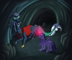 Size: 3000x2500 | Tagged: safe, artist:diamond06mlp, imported from derpibooru, twilight sparkle, oc, oc:desorde, alicorn, draconequus, pony, cave, draconequus oc, duo, female, glowing, glowing horn, high res, horn, male, mare, twilight sparkle (alicorn)