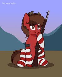 Size: 2000x2500 | Tagged: safe, artist:buy_some_apples, imported from derpibooru, oc, oc only, earth pony, pony, :t, brown eyes, brown mane, clothes, cowboy hat, eye clipping through hair, gun, hat, high res, m1 garand, rifle, shadow, sitting, socks, solo