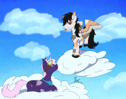 Size: 3000x2380 | Tagged: safe, artist:diamond06mlp, imported from derpibooru, oc, oc only, pegasus, pony, cloud, duo, female, high res, lying down, mare, on a cloud, pegasus oc, prone, signature, wings