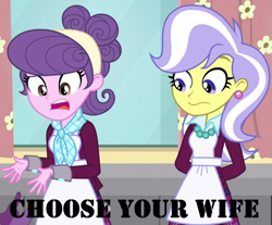 Size: 663x549 | Tagged: safe, imported from derpibooru, suri polomare, upper crust, equestria girls, friendship games, caption, choose your wife, clothes, crystal prep academy uniform, image macro, school uniform, text