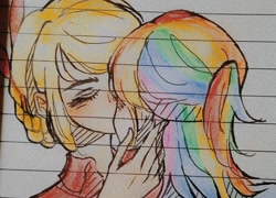 Size: 1000x720 | Tagged: safe, artist:轩泽然, imported from derpibooru, applejack, rainbow dash, human, appledash, eyes closed, female, humanized, kissing, lesbian, lined paper, shipping, traditional art