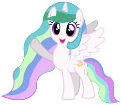 Size: 8000x6955 | Tagged: safe, artist:laszlvfx, imported from derpibooru, princess celestia, alicorn, pony, absurd resolution, ethereal mane, female, horn, long mane, mare, open mouth, open smile, purple eyes, simple background, smiling, solo, spread wings, standing, tail, transparent background, vector, waving, wings
