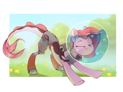 Size: 1390x1044 | Tagged: safe, artist:rexyseven, imported from derpibooru, oc, oc only, oc:koraru koi, merpony, pony, blurry background, eyes closed, female, flower, grass, outdoors, prosthetic leg, prosthetic limb, prosthetics, solo, stretching