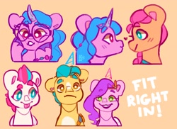 Size: 4009x2918 | Tagged: safe, artist:cocopudu, imported from derpibooru, hitch trailblazer, izzy moonbow, pipp petals, sunny starscout, zipp storm, earth pony, pegasus, pony, unicorn, :p, g5, glasses, hooves on cheeks, mane five (g5), round glasses, squishy cheeks, tongue out, white pupils