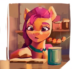 Size: 2146x2054 | Tagged: safe, artist:annna markarova, imported from derpibooru, sunny starscout, earth pony, pony, book, female, g5, high res, kitchen, mare, reading, scene interpretation, solo