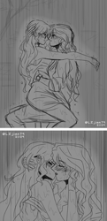Size: 1200x2488 | Tagged: safe, artist:lzjian79, imported from derpibooru, sci-twi, sunset shimmer, twilight sparkle, equestria girls, blushing, clothes, crossover, dancing, female, kissing, lesbian, pencil drawing, scitwishimmer, shipping, sketch, sunsetsparkle, traditional art, wet, wet clothes