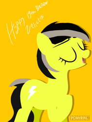 Size: 1536x2048 | Tagged: safe, artist:ponyrailartist, imported from derpibooru, oc, oc only, oc:zeliktric, earth pony, pony, eyes closed, female, hoof on chest, mare, open mouth, simple background, solo, two toned mane, yellow background