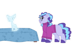 Size: 1280x854 | Tagged: safe, artist:itstechtock, imported from derpibooru, oc, oc:boo berry, cat, pony, clothes, female, filly, glasses, magic, offspring, parent:fleetfoot, parent:sightseer, simple background, sweater, table, white background