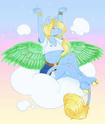 Size: 1280x1503 | Tagged: safe, artist:sadelinav, imported from derpibooru, oc, oc only, oc:art's desire, alicorn, anthro, classical unicorn, unguligrade anthro, unicorn, artificial wings, augmented, breasts, clothes, cloud, cloven hooves, colored wings, eyes closed, female, gradient background, leonine tail, magic, magic wings, shorts, solo, spread wings, underboob, unshorn fetlocks, wings