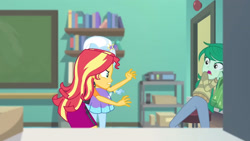 Size: 3410x1920 | Tagged: safe, imported from derpibooru, screencap, sunset shimmer, trixie, wallflower blush, equestria girls, equestria girls series, forgotten friendship, backpack, clothes, female, hairpin, high res, hoodie, jacket, jewelry, leather, leather jacket, necklace, open mouth
