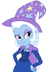Size: 1690x2468 | Tagged: safe, artist:rivalcat, edit, imported from derpibooru, vector edit, trixie, equestria girls, beautiful, cape, clothes, cute, diatrixes, eyeshadow, female, hand on hip, hat, makeup, purple eyeshadow, simple background, smiling, solo, transparent background, trixie's cape, trixie's hat, vector