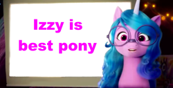 Size: 1561x793 | Tagged: safe, edit, edited screencap, editor:secretbronyx, imported from derpibooru, screencap, izzy moonbow, pony, spoiler:my little pony: a new generation, 3d, best pony, g5, glasses, izzy's presentation, meme, my little pony: a new generation, simple background, solo, template