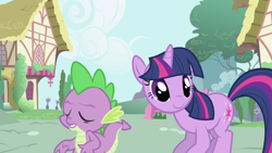 Size: 1920x1080 | Tagged: safe, imported from derpibooru, screencap, spike, twilight sparkle, dragon, pony, unicorn, friendship is magic, season 1, 1080p, animation error, cute, day, double, duo, eyes closed, female, male, mare, outdoors, ponyville, smiling, twiabetes, unicorn twilight