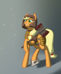 Size: 1200x1450 | Tagged: safe, artist:rosik, imported from derpibooru, applejack, earth pony, pony, armor, axe, blood, crossover, quake, ranger, skull, solo, warrior, weapon