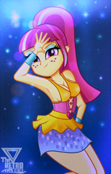 Size: 1150x1801 | Tagged: safe, artist:theretroart88, imported from derpibooru, sour sweet, dance magic, equestria girls, spoiler:eqg specials, bracelet, breasts, busty sour sweet, cleavage, clothes, disco dress, female, freckles, jewelry, looking at you, skirt, sleeveless, smiling