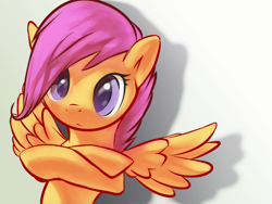 Size: 1953x1465 | Tagged: safe, artist:flutterclonev1, imported from derpibooru, scootaloo, pegasus, pony, crossed arms, female, looking at you, simple background, solo, spread wings, wings