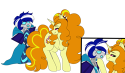 Size: 2048x1195 | Tagged: safe, artist:mikkybun, imported from derpibooru, adagio dazzle, oc, oc:ivislor, oc:ivislor odzi, cyborg, cyborg pony, pony, unicorn, canon x oc, cape, clothes, commission, commissioner:iv's, female, male, ponified, shipping, simple background, straight, superhero, white background