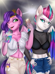 Size: 1536x2048 | Tagged: safe, artist:idrawmylittlep1, imported from derpibooru, pipp petals, zipp storm, anthro, pegasus, belly button, bra, cellphone, clothes, coffee, cutie mark, cutie mark on clothes, female, food, g5, jeans, latte, midriff, one eye closed, open mouth, pants, phone, royal sisters (g5), selfie, shorts, siblings, sisters, smartphone, sports bra, starbucks, underwear, unicorn frappuccino, wink