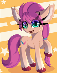 Size: 2497x3171 | Tagged: safe, artist:windykirin, imported from derpibooru, sunny starscout, earth pony, pony, abstract background, big ears, female, g5, high res, impossibly long eyelashes, smiling, solo