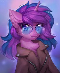 Size: 980x1200 | Tagged: safe, artist:margony, imported from derpibooru, oc, oc only, pony, unicorn, chest fluff, clothes, cool, cute, female, glasses, horn, multicolored hair, ocbetes, solo, unicorn oc