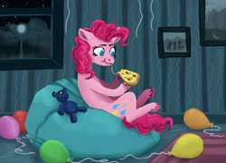 Size: 1500x1080 | Tagged: safe, artist:necromarecy, imported from derpibooru, pinkie pie, earth pony, pony, balloon, beanbag chair, food, heart eyes, night, pizza, plushie, solo, teddy bear, window, wingding eyes