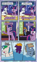 Size: 1920x3169 | Tagged: safe, artist:alexdti, imported from derpibooru, rarity, twilight sparkle, oc, oc:brainstorm (alexdti), oc:purple creativity, oc:star logic, alicorn, pegasus, pony, unicorn, comic:quest for friendship, bed, blanket, blue eyes, book, comic, dialogue, eye contact, eyes closed, female, floppy ears, folded wings, green eyes, horn, looking at each other, lying down, male, mare, on back, on bed, on side, one eye closed, open mouth, pegasus oc, pillow, pointing, purple eyes, shadow, speech bubble, stallion, standing, tired, twilight sparkle (alicorn), underhoof, unicorn oc, wings