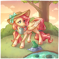 Size: 1744x1744 | Tagged: safe, artist:ebonytails, imported from derpibooru, fluttershy, frog, pegasus, pony, bow, bush, colored hooves, cottagecore, female, grass, hairband, hat, lilypad, looking at someone, looking down, mare, mouth hold, outdoors, pond, raised leg, rock, solo, standing, stray strand, sun hat, tail, tail band, three quarter view, tree, turned head, water, watering can, wings